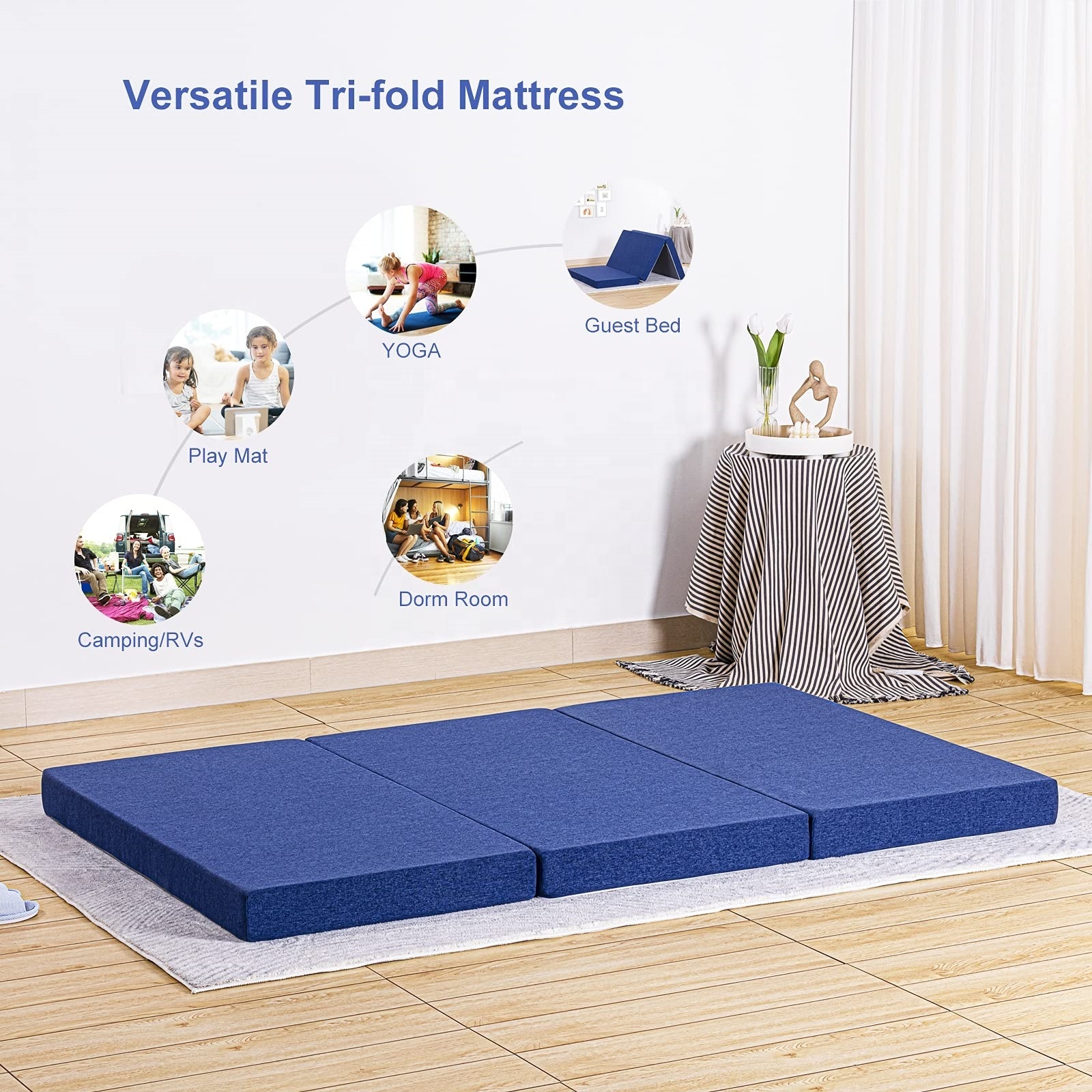 Comfortable Tri Fold Mattress Three Fold Foam Bed Foldable Sleeping Pad with Washable Cover for Kids Dorms and Travel