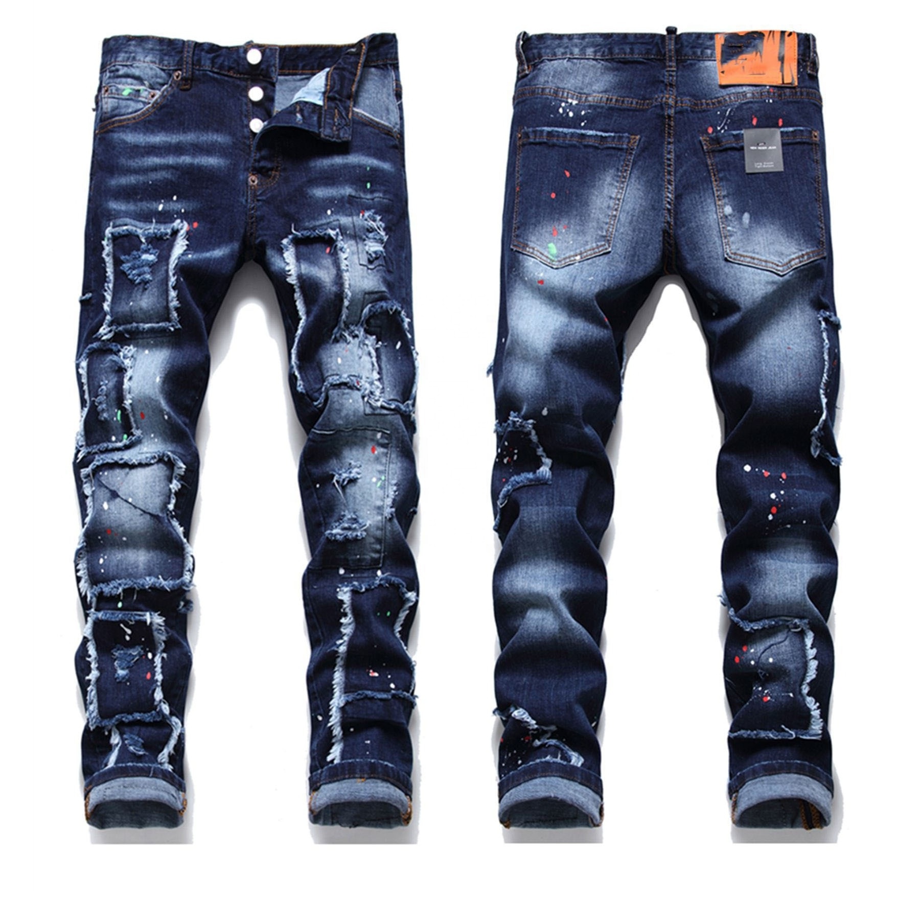 Blue Quality Stacked Jean  Ripped Fashion Denim Pants Trousers Designer Custom Slim Fit Jeans for Men