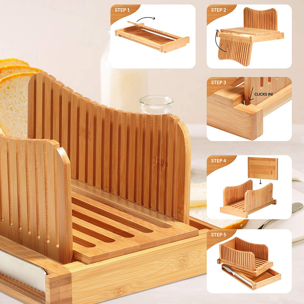 Bamboo Foldable Bread Slicer Chopping Cutting Board with Crumb Tray Stainless Steel Bread Knife