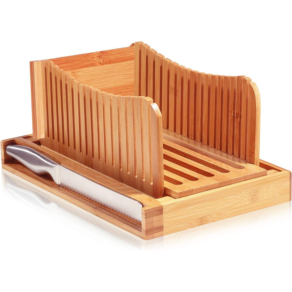 Bamboo Foldable Bread Slicer Chopping Cutting Board with Crumb Tray Stainless Steel Bread Knife