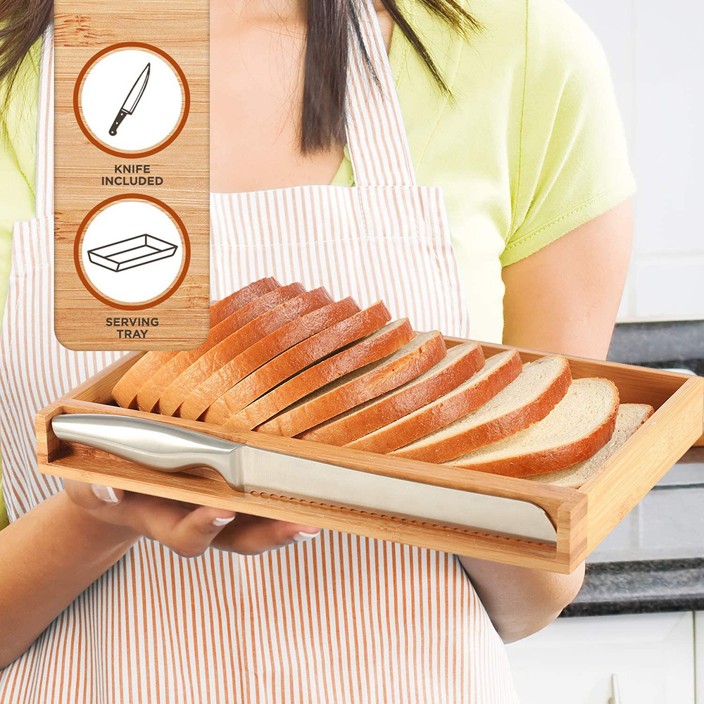 Bamboo Foldable Bread Slicer Chopping Cutting Board with Crumb Tray Stainless Steel Bread Knife