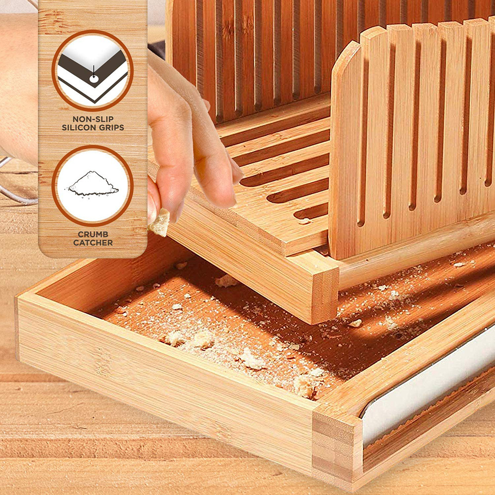 Bamboo Foldable Bread Slicer Chopping Cutting Board with Crumb Tray Stainless Steel Bread Knife