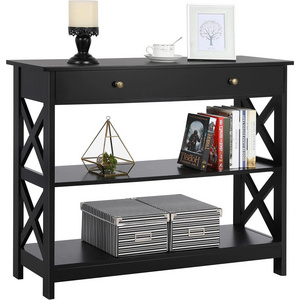 Living Room Wood Black Narrow Long Classic X Console Hall Table with Drawer and 3 Tier Storage Shelves