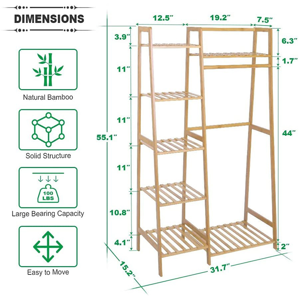 Bamboo Garment Rack 7-Tier Storage Shelves Clothes Hanging Rack