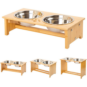 Wood bamboo pet feeder dog food water bowl raised stand