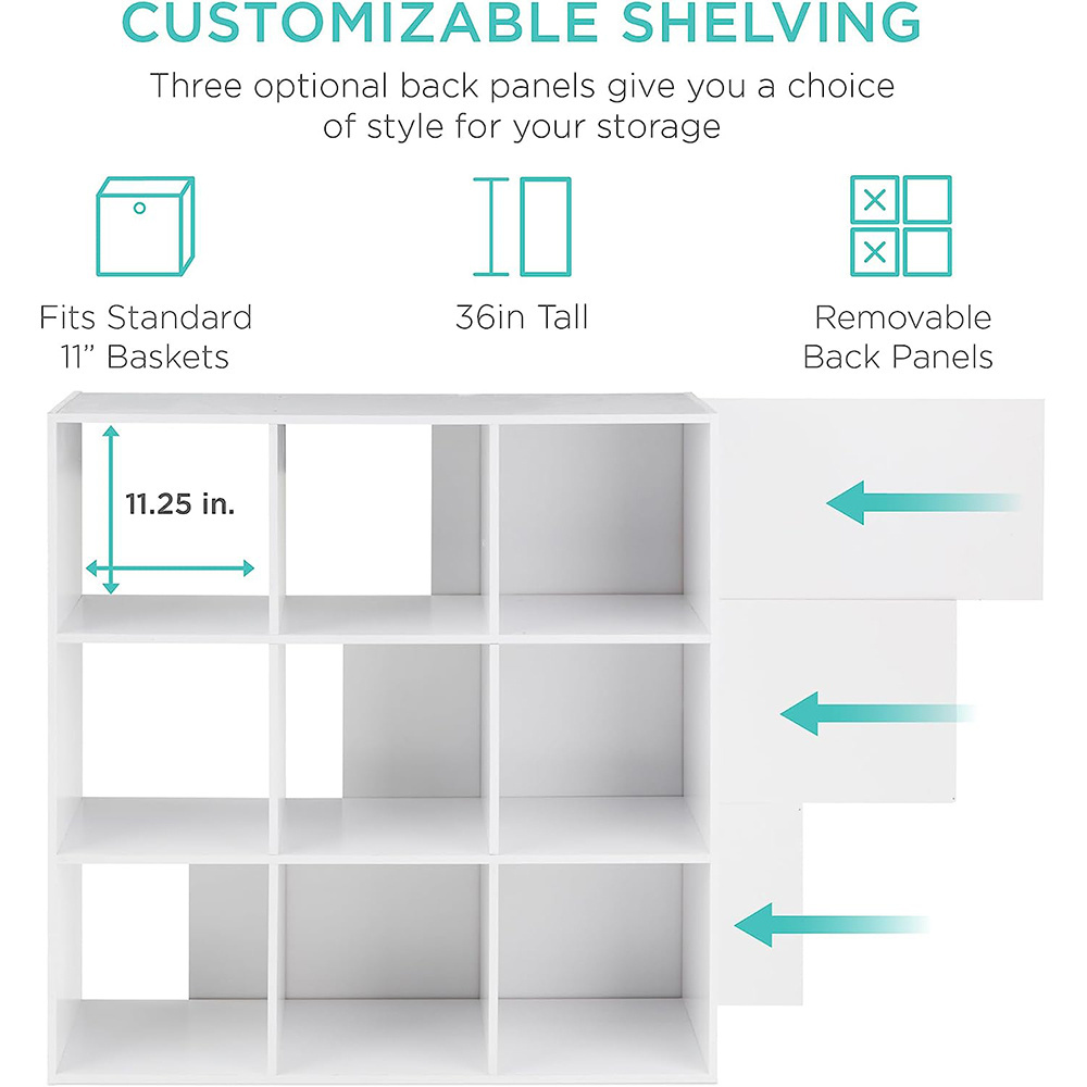 Living room white wood 9 cube storage organizer shelf cabinet sturdy cubby bookcase