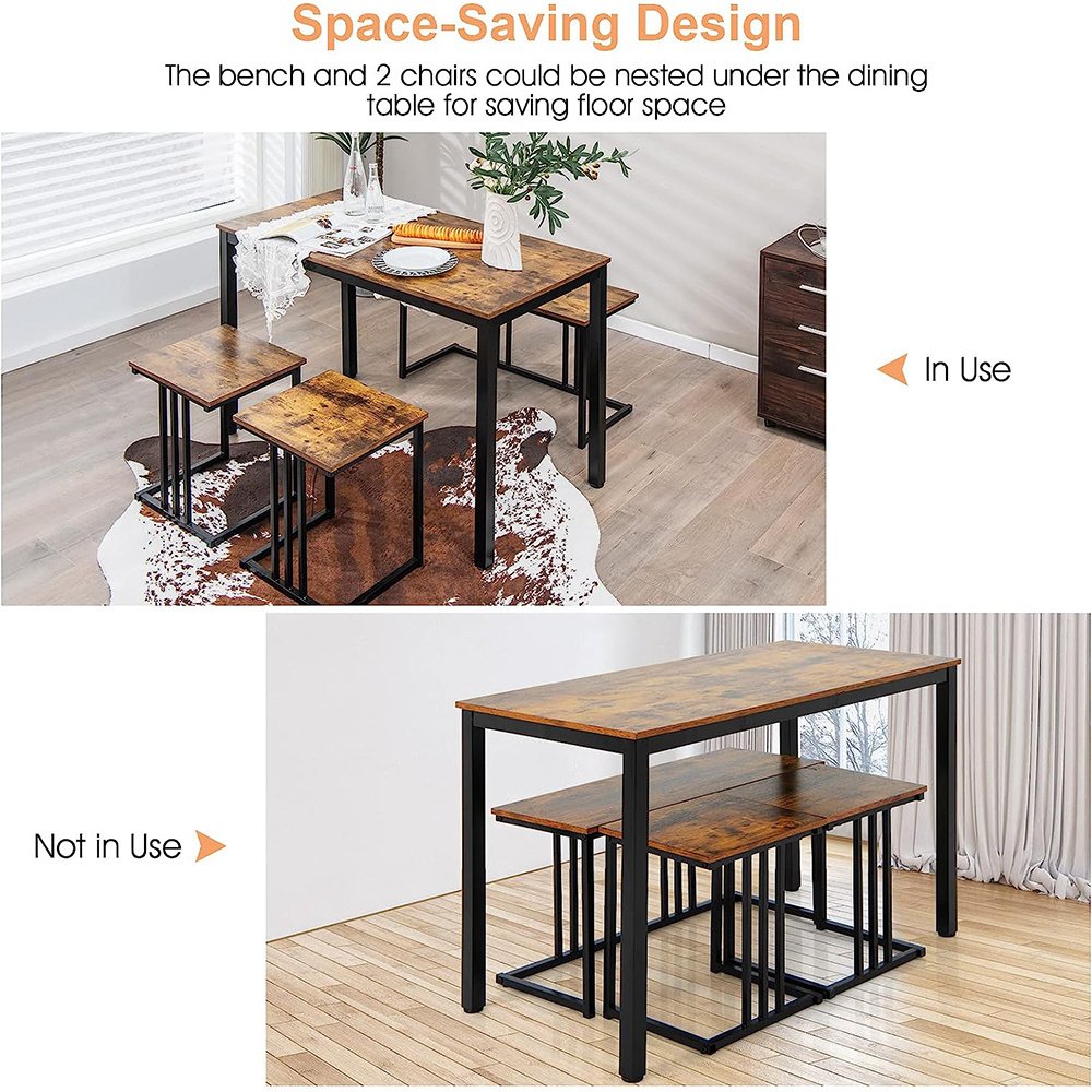 4 Piece Dining Table Set Kitchen Table and Chairs Nesting Dining Set with Bench and 2 Stools