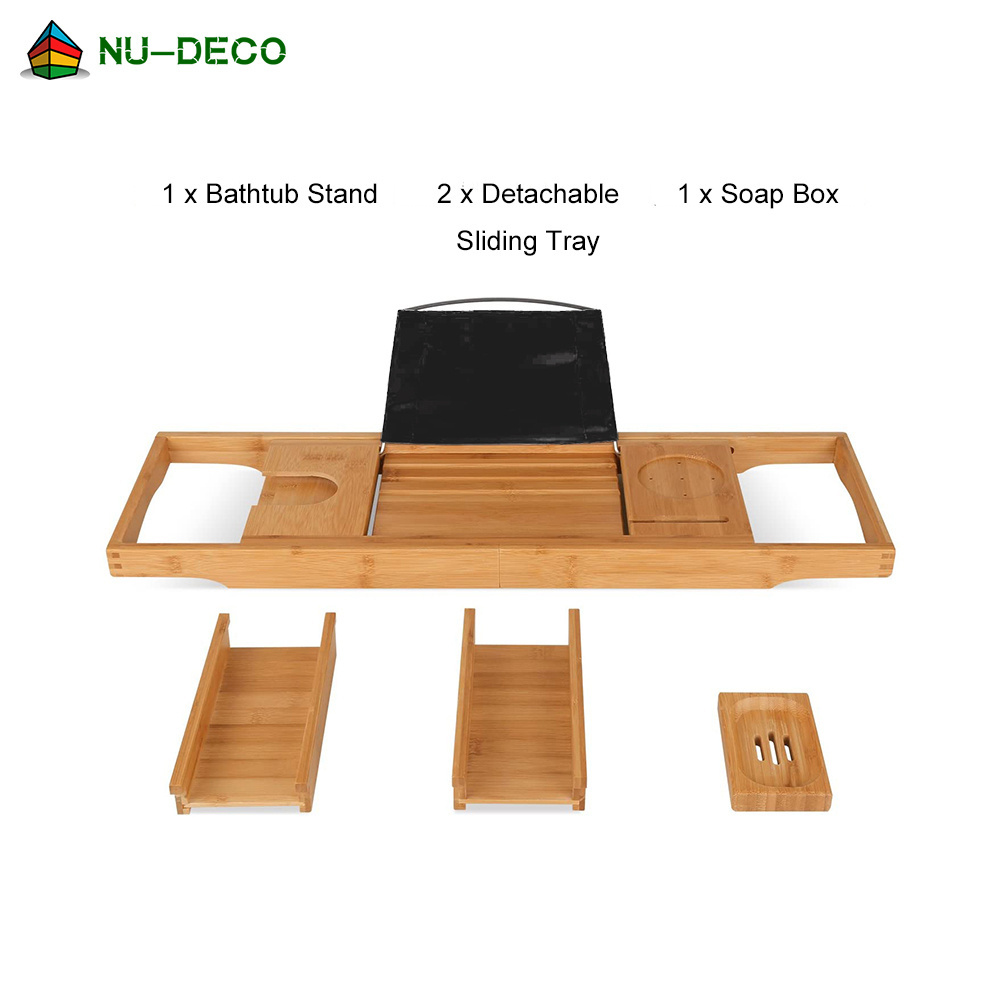 High quality wood expandable shower bamboo bath tub bathtub tray caddy with soap holder