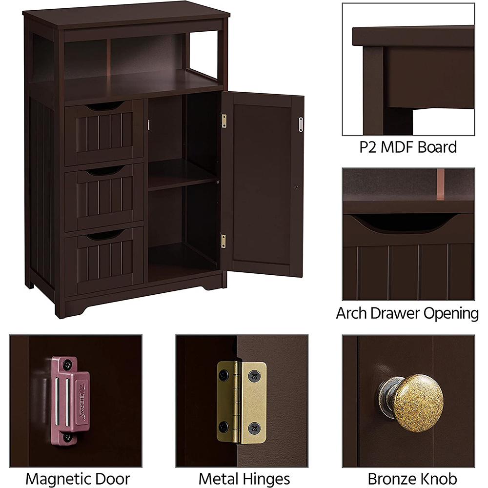 Wood Bathroom Free Standing Storage Organizer Hallway Entryway Cabinet Floor Cabinet with 3 Drawers & 1 Cupboard