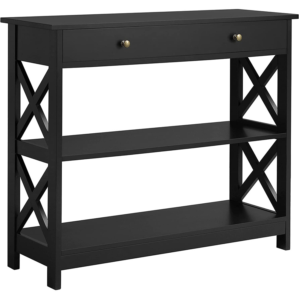 Living Room Wood Black Narrow Long Classic X Console Hall Table with Drawer and 3 Tier Storage Shelves