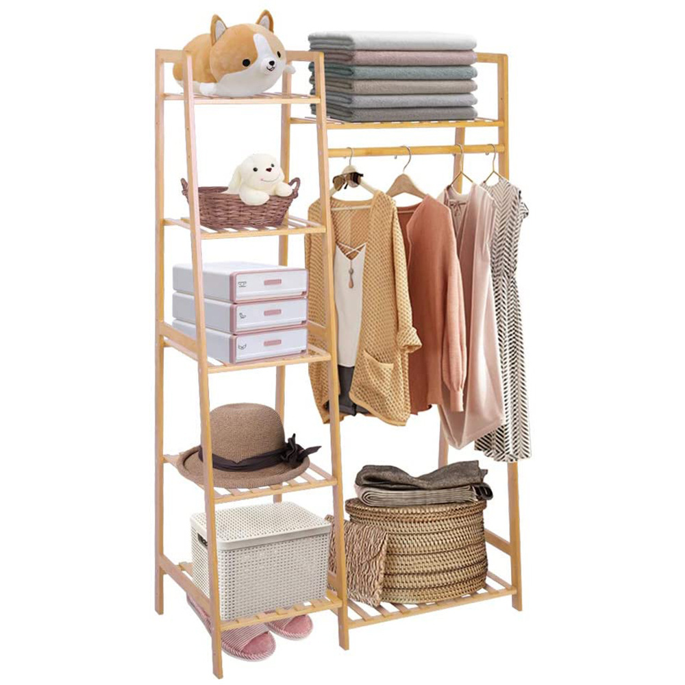 Bamboo Garment Rack 7-Tier Storage Shelves Clothes Hanging Rack