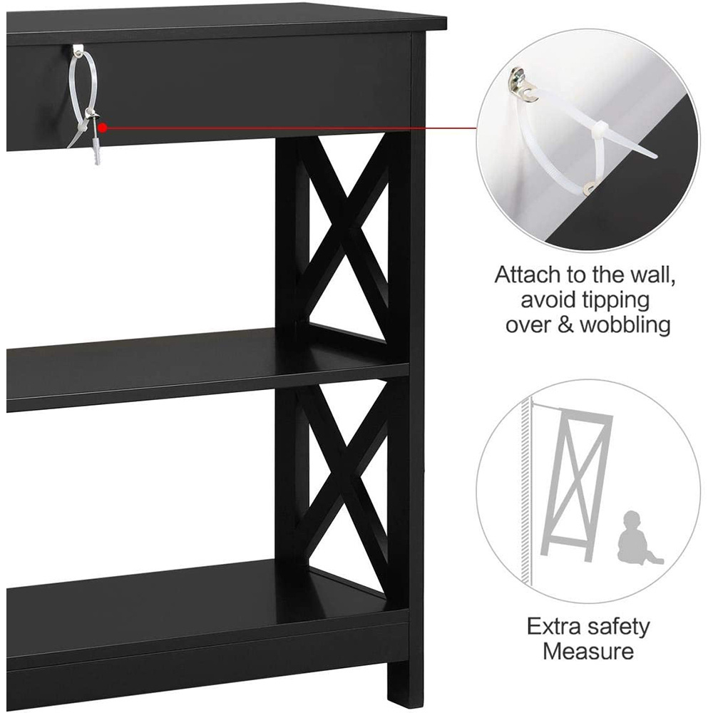 Living Room Wood Black Narrow Long Classic X Console Hall Table with Drawer and 3 Tier Storage Shelves