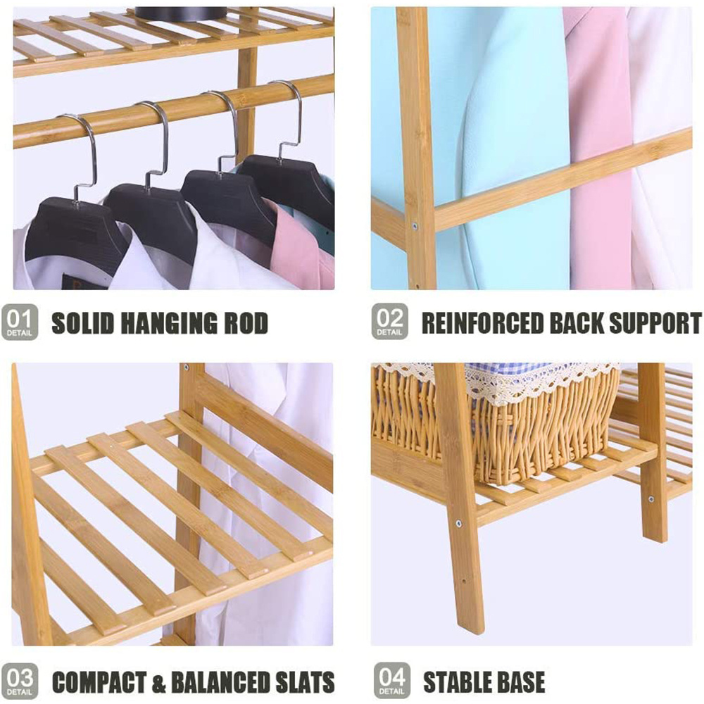 Bamboo Garment Rack 7-Tier Storage Shelves Clothes Hanging Rack