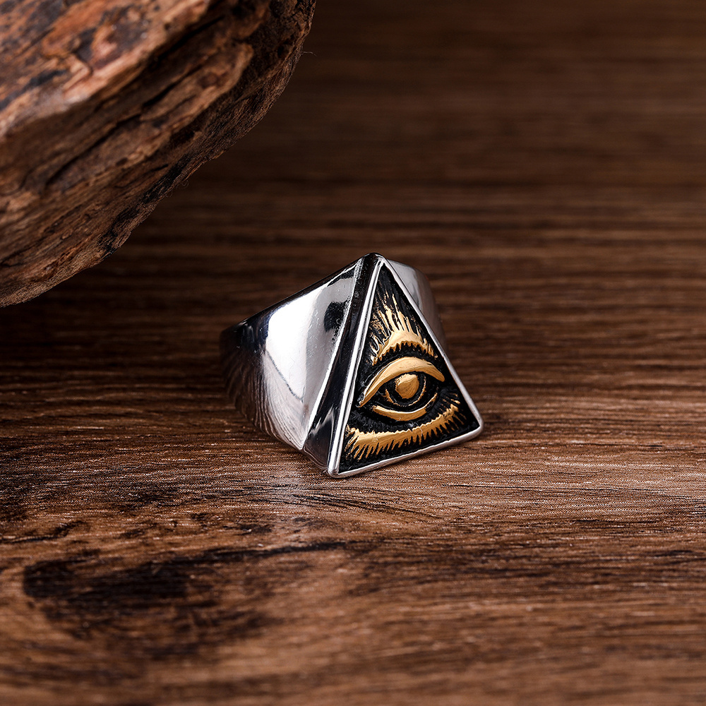 Mens Illuminati Triangle All Seeing Eye of Providence Ring Vintage Stainless Steel Masonic Ring