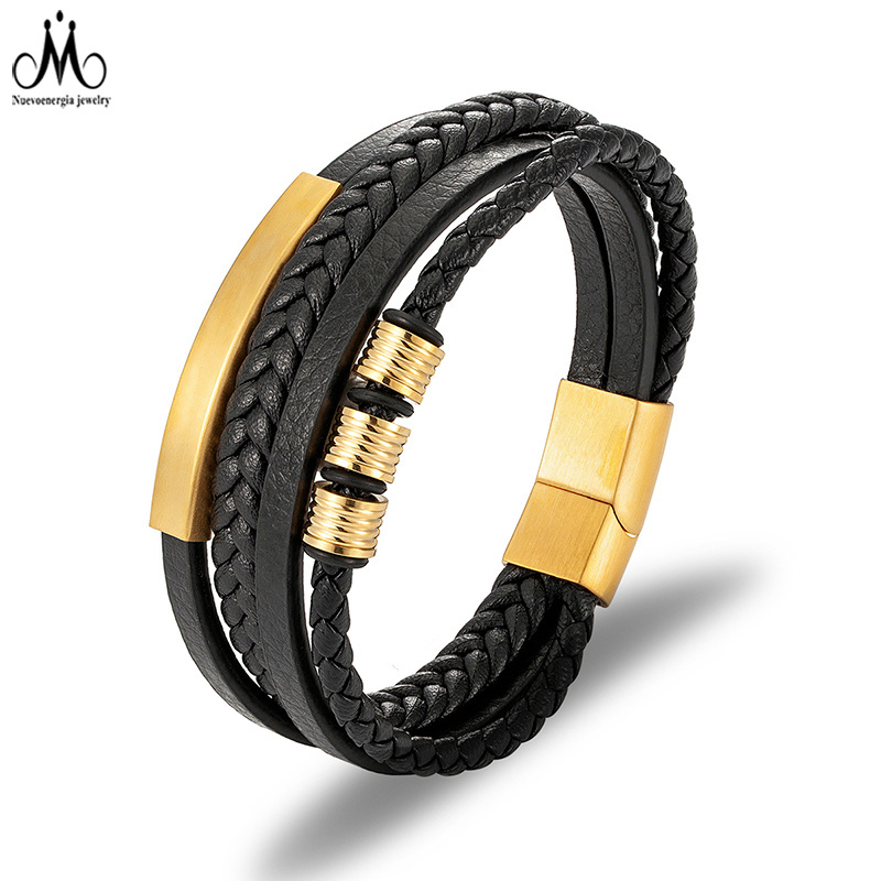 Multilayer Stainless Steel Men's Leather Cuff Bracelet Hand-woven Black Leather Braid Bracelet Jewelry