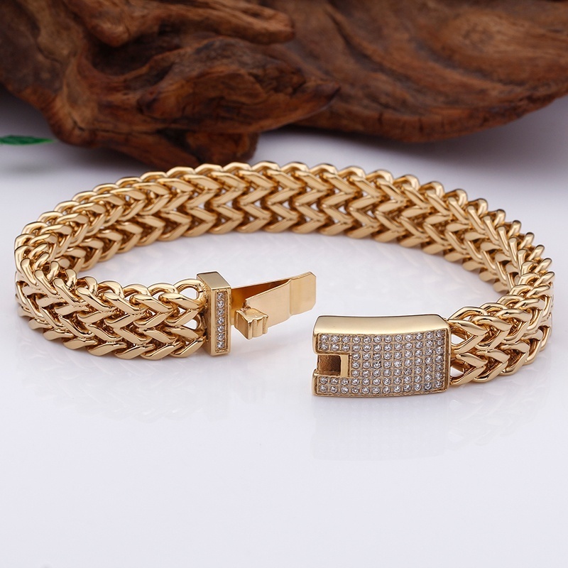 Luxury Gold Plated Jewelry Diamond Buckle Gold Franco Bracelet Cuban Link Chain Stainless Steel