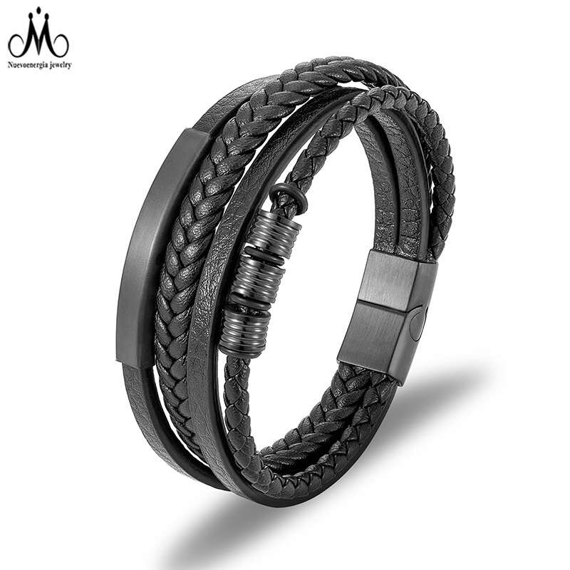 Multilayer Stainless Steel Men's Leather Cuff Bracelet Hand-woven Black Leather Braid Bracelet Jewelry