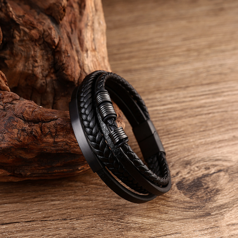 Multilayer Stainless Steel Men's Leather Cuff Bracelet Hand-woven Black Leather Braid Bracelet Jewelry