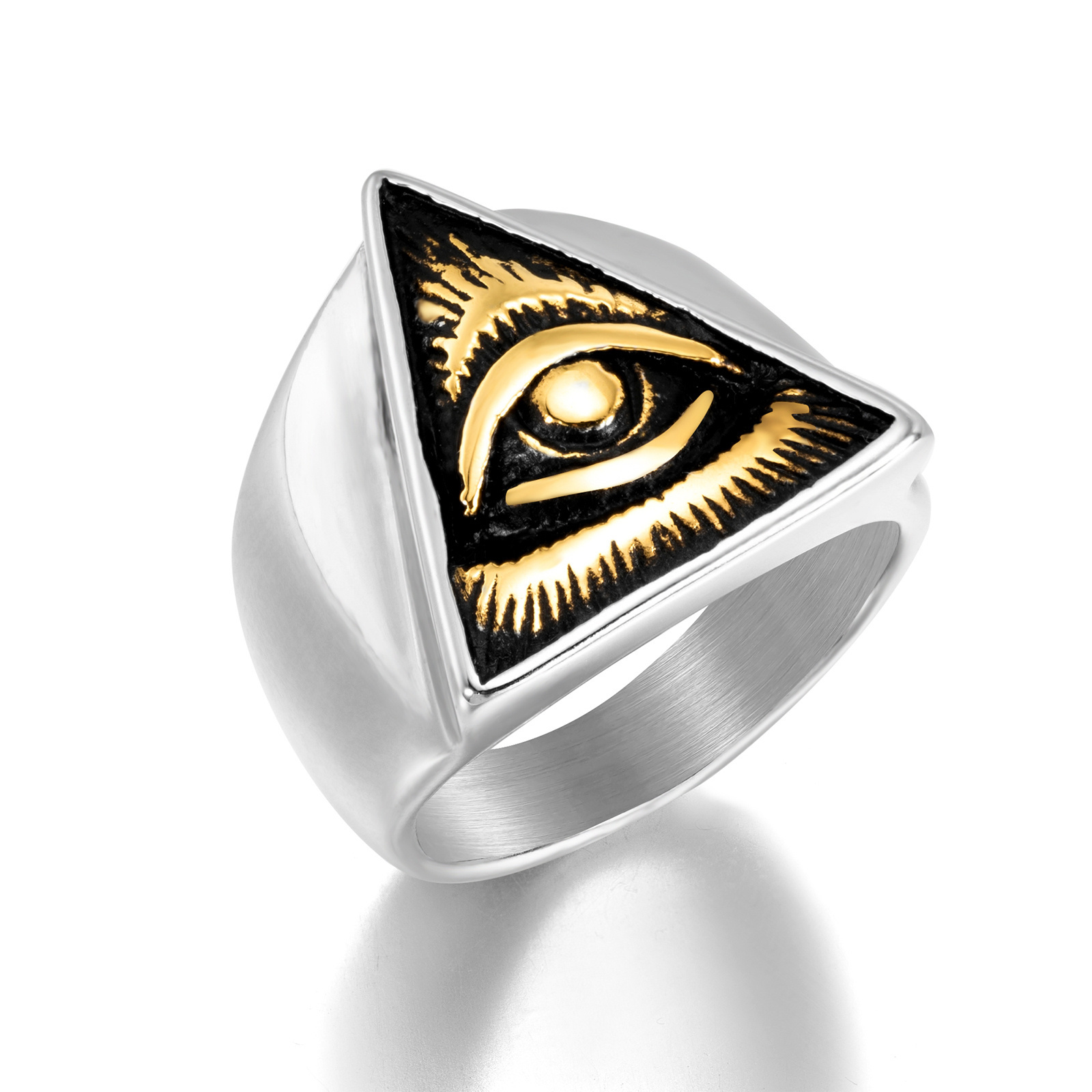 Mens Illuminati Triangle All Seeing Eye of Providence Ring Vintage Stainless Steel Masonic Ring