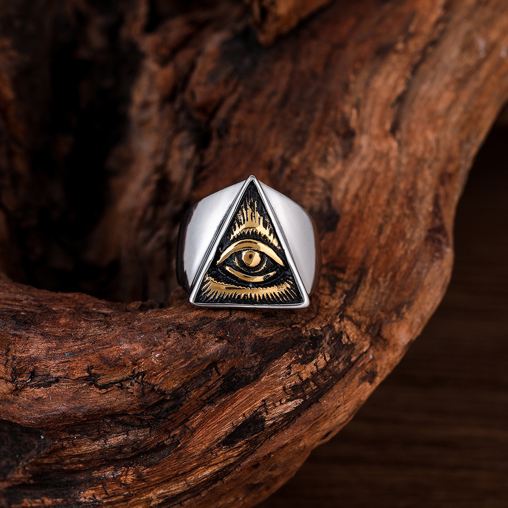 Mens Illuminati Triangle All Seeing Eye of Providence Ring Vintage Stainless Steel Masonic Ring