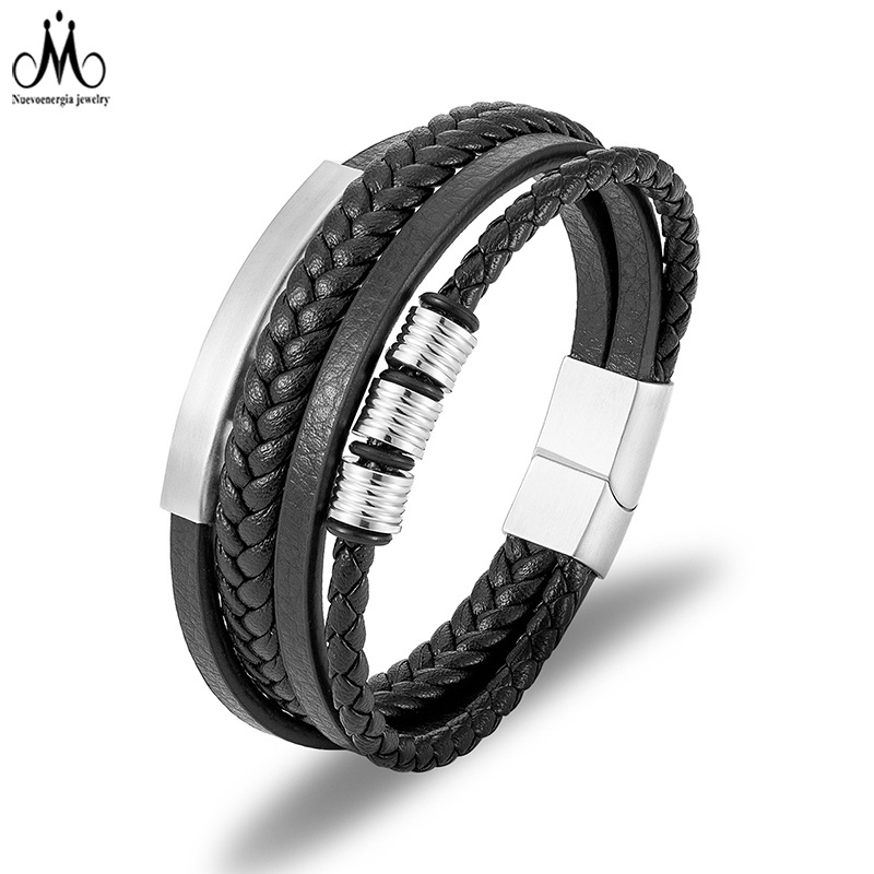 Multilayer Stainless Steel Men's Leather Cuff Bracelet Hand-woven Black Leather Braid Bracelet Jewelry