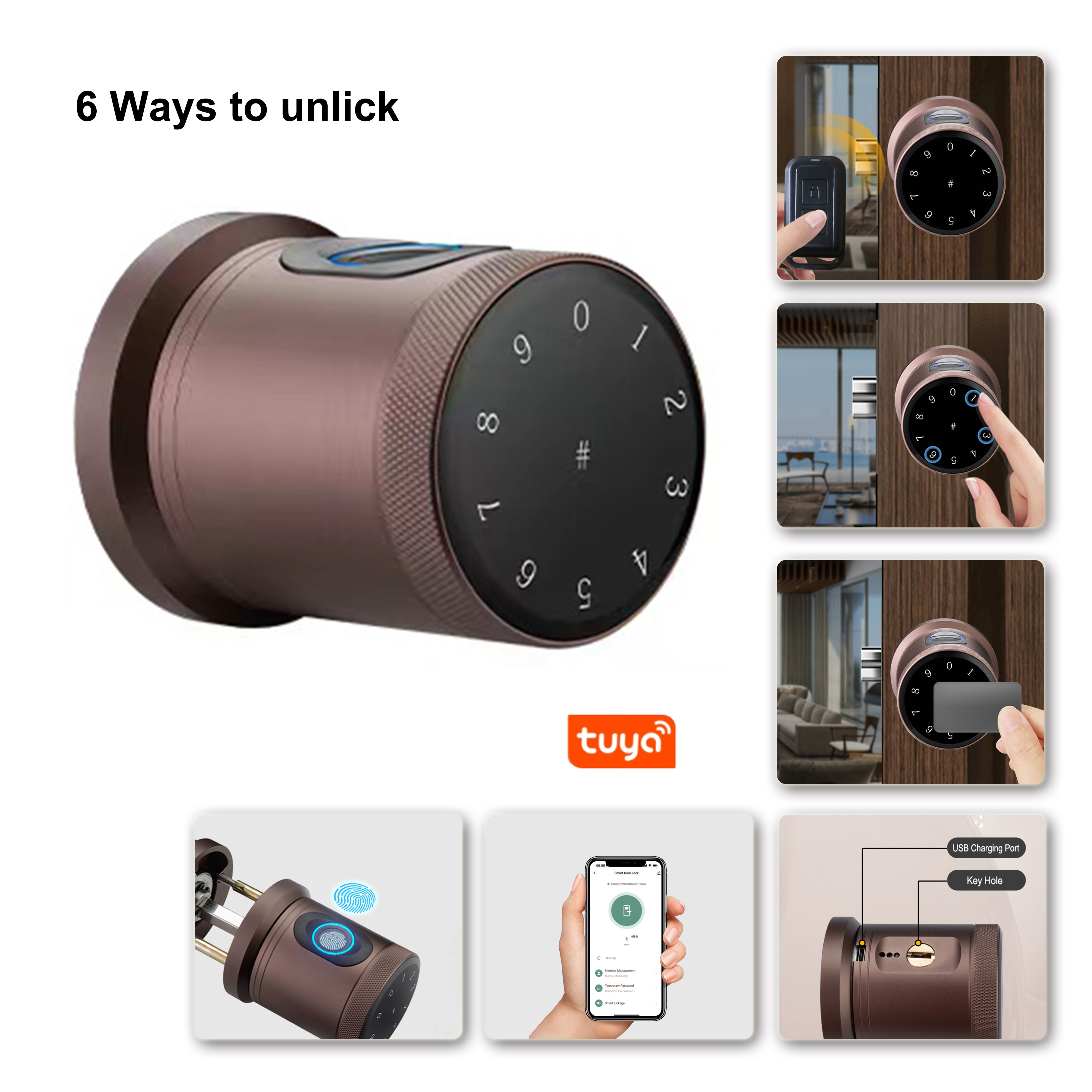 Smart Lock Tuya Wifi Keyless Biometric Round Fingerprint Security Anti-Theft Smart Knob Door Lock