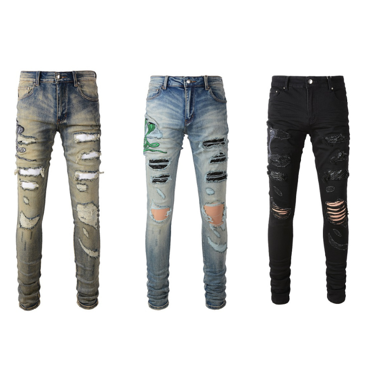 Dropshipping Wholesale stock high street black blue zipper ripped stacked slim fit pants crystal nice snake embroidery jeans