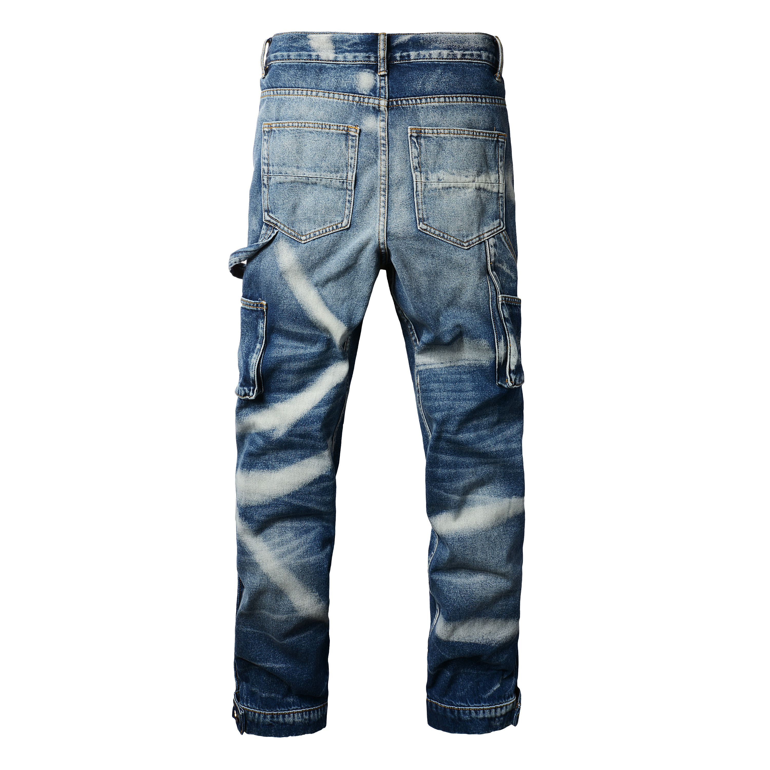 1327 drop shipping fashion blue high quality patchwork carpenter cargo baggy stacked denim pants jeans