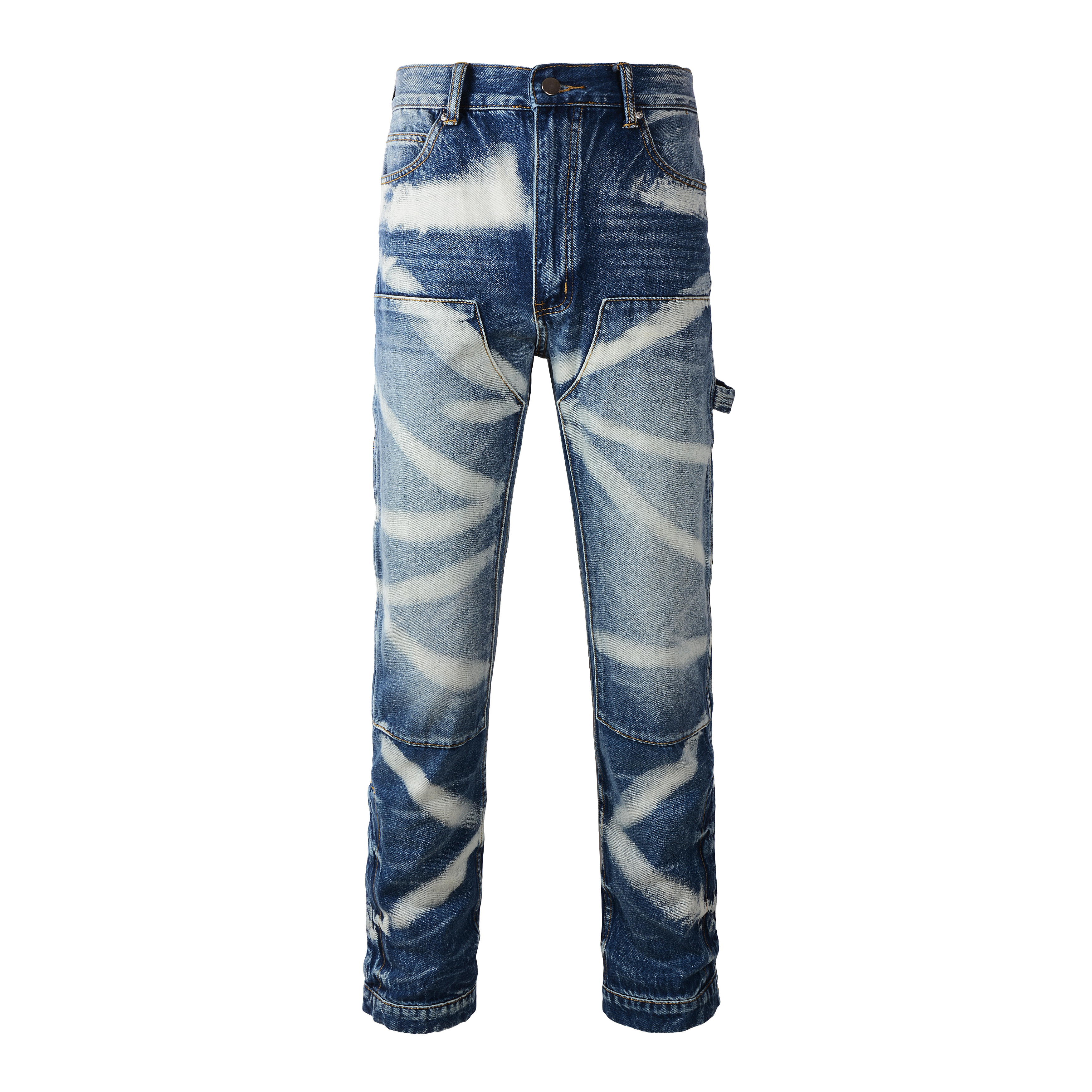 1327 drop shipping fashion blue high quality patchwork carpenter cargo baggy stacked denim pants jeans