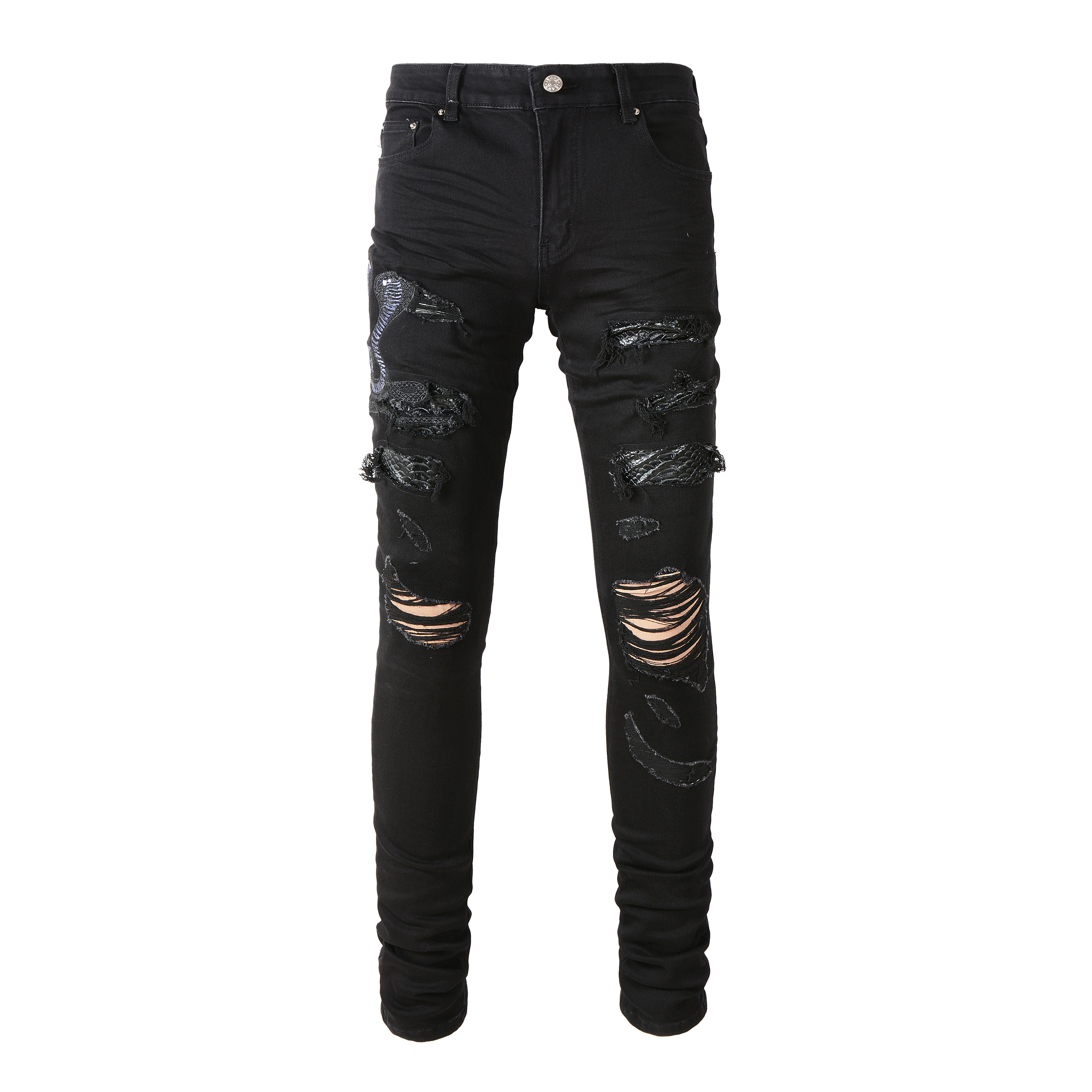 Dropshipping Wholesale stock high street black blue zipper ripped stacked slim fit pants crystal nice snake embroidery jeans