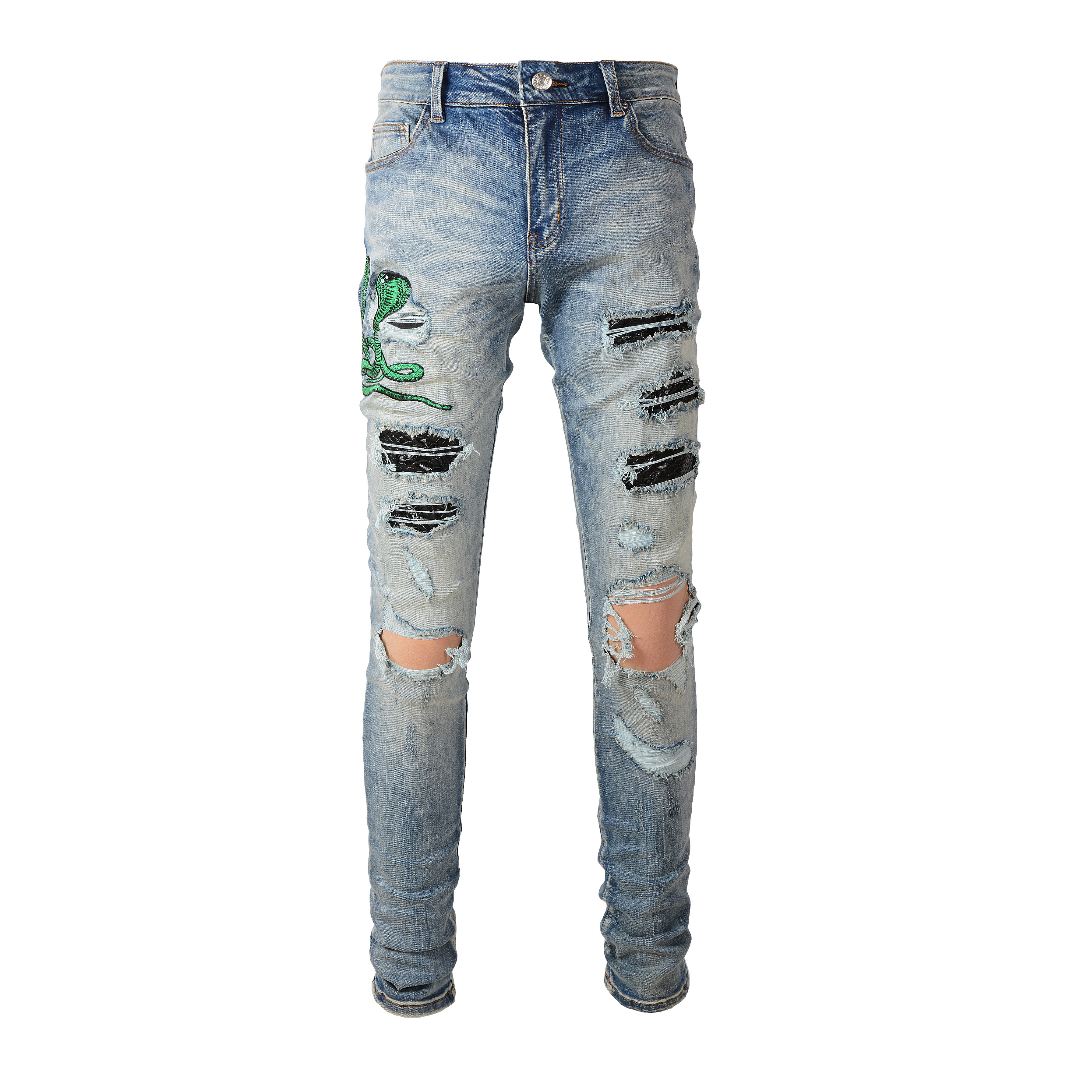 Dropshipping Wholesale stock high street black blue zipper ripped stacked slim fit pants crystal nice snake embroidery jeans