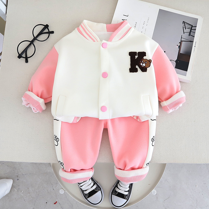 New style toddler boy autumn cute alphabet cartoon spliced back lace-up bear baseball suit