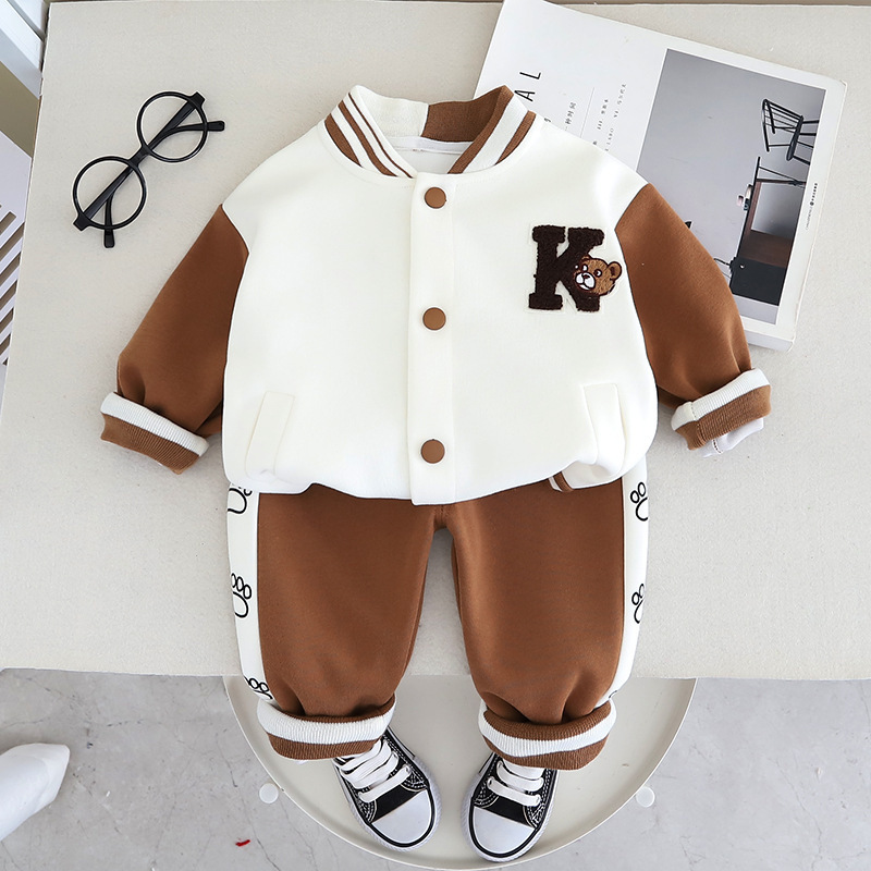 New style toddler boy autumn cute alphabet cartoon spliced back lace-up bear baseball suit