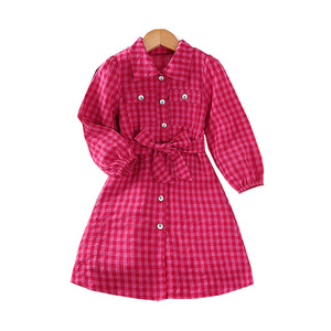 2023 New fashion Girls autumn Casual lantern sleeve plaid bow belt princess dress