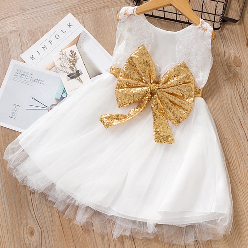 New arrival infant girls boutique summer sleeveless sequins bowknot lace princess dress