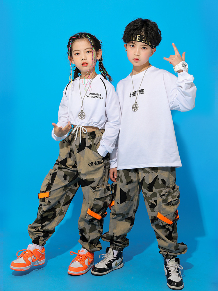 New arrival hip hop street dance children young people performance T shirt and jazz dancing pencil pants 2 pieces clothing set