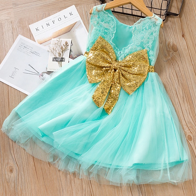 New arrival infant girls boutique summer sleeveless sequins bowknot lace princess dress