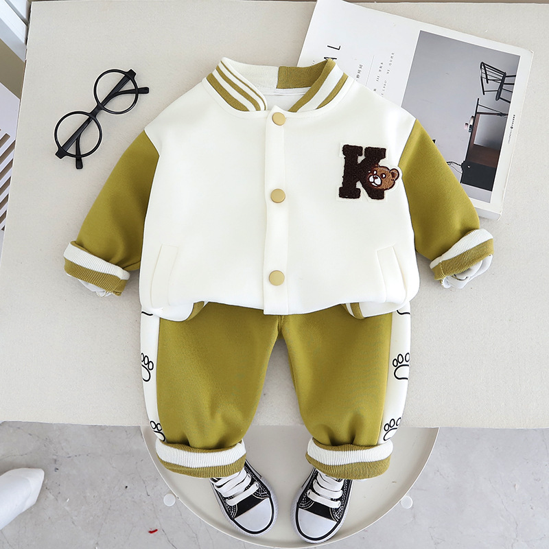 New style toddler boy autumn cute alphabet cartoon spliced back lace-up bear baseball suit