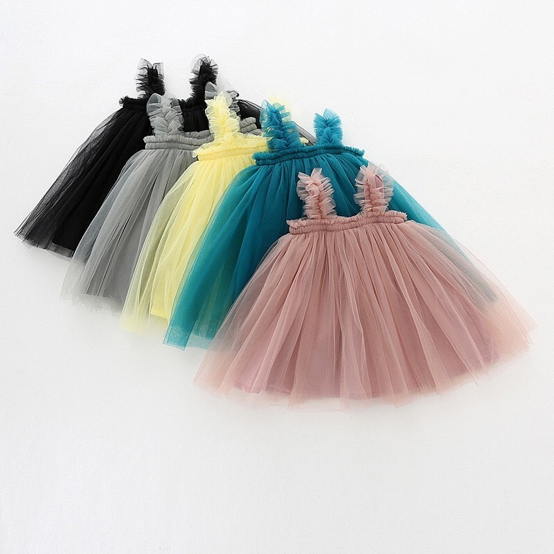 Baby Girl Spaghetti Straps Tulle Dresses Kids Girls Sleeveless layered Party Dress Solid Color  Casual Summer Dress