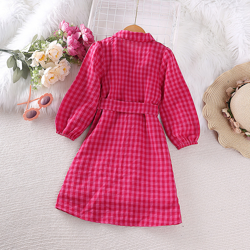 2023 New fashion Girls autumn Casual lantern sleeve plaid bow belt princess dress