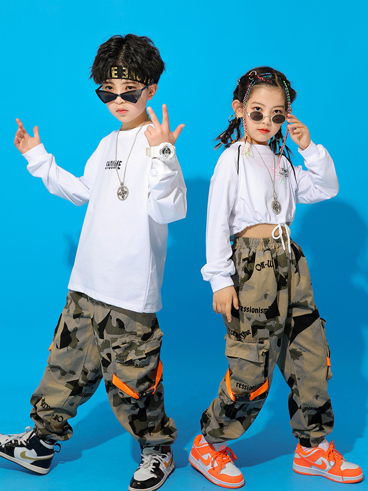 New arrival hip hop street dance children young people performance T shirt and jazz dancing pencil pants 2 pieces clothing set