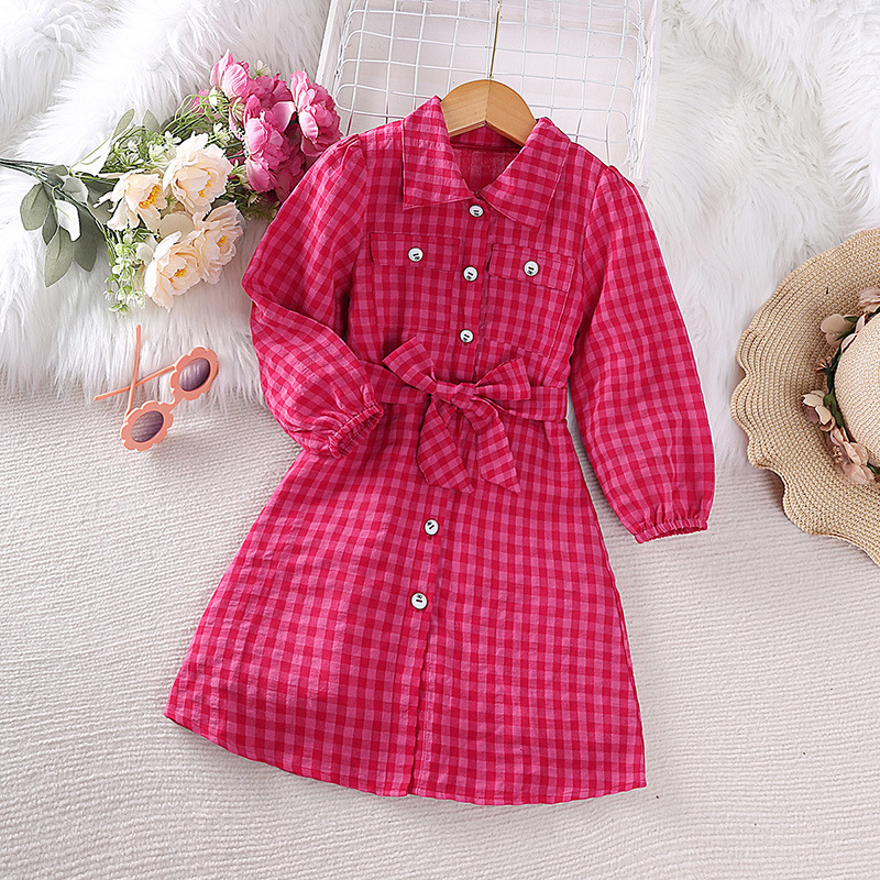 2023 New fashion Girls autumn Casual lantern sleeve plaid bow belt princess dress