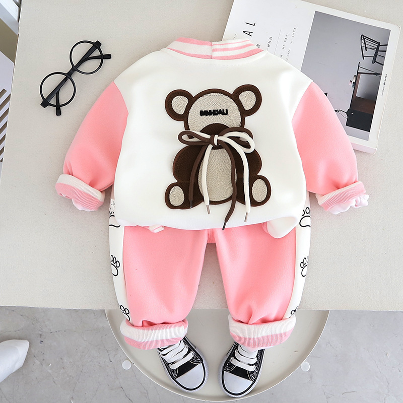 New style toddler boy autumn cute alphabet cartoon spliced back lace-up bear baseball suit