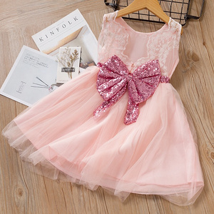 New arrival infant girls boutique summer sleeveless sequins bowknot lace princess dress