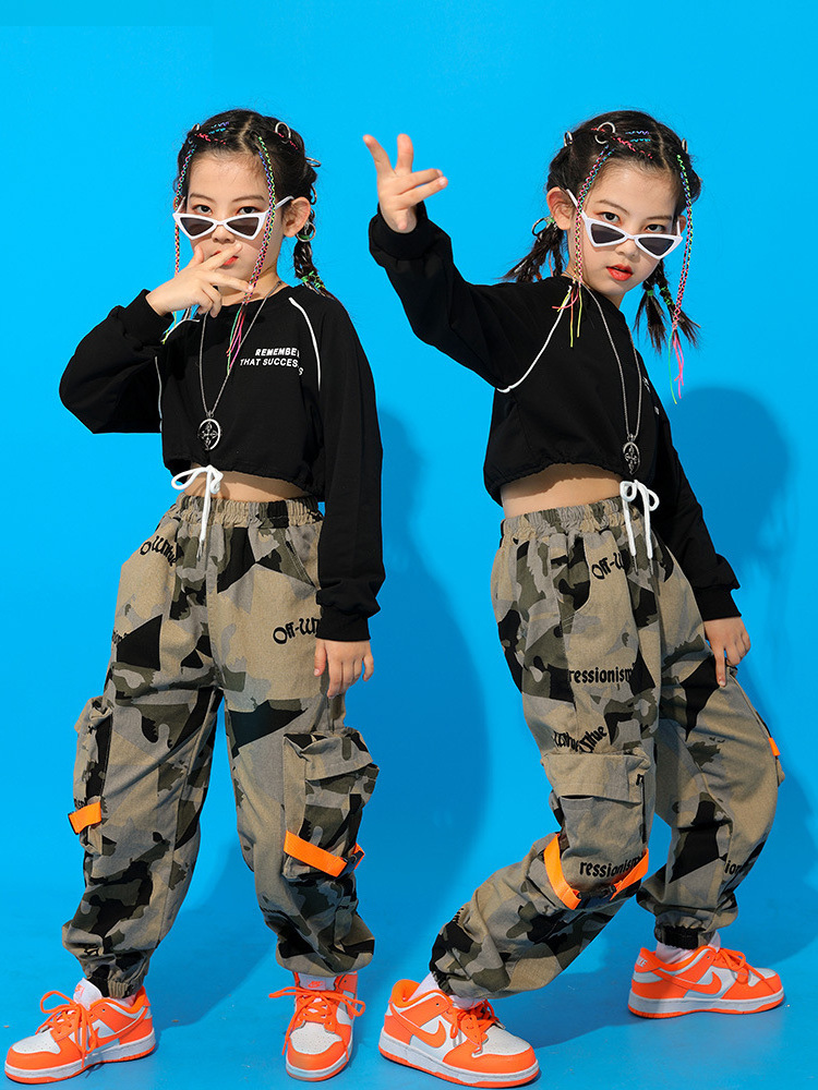 New arrival hip hop street dance children young people performance T shirt and jazz dancing pencil pants 2 pieces clothing set