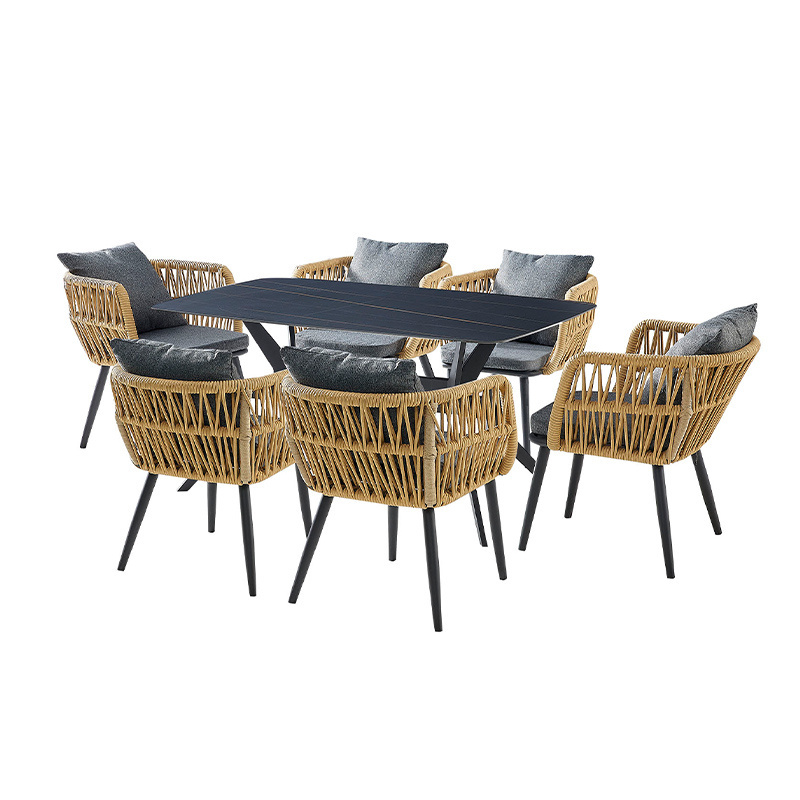 8 seater set of 6 high rope 9 peace modern waterproof furniture teak wood dining table with black chairs for patio