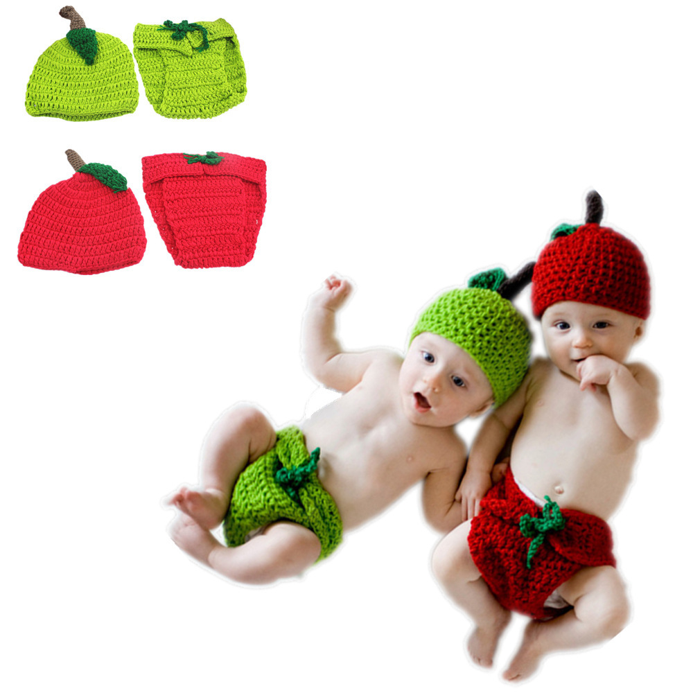 Hot Sale Newborn Photography Prop Clothing Set Baby Twins Photo Outfits Knitted Red Green Apple Photoshoot Costume