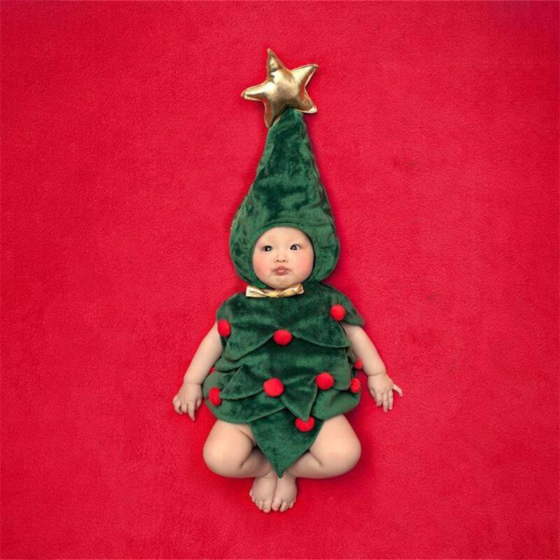 Baby Photography Props Christmas Tree Outfits Newborn Boy Girl Photo Shoot Costume Santa Tree Hat Romper Clothing Set