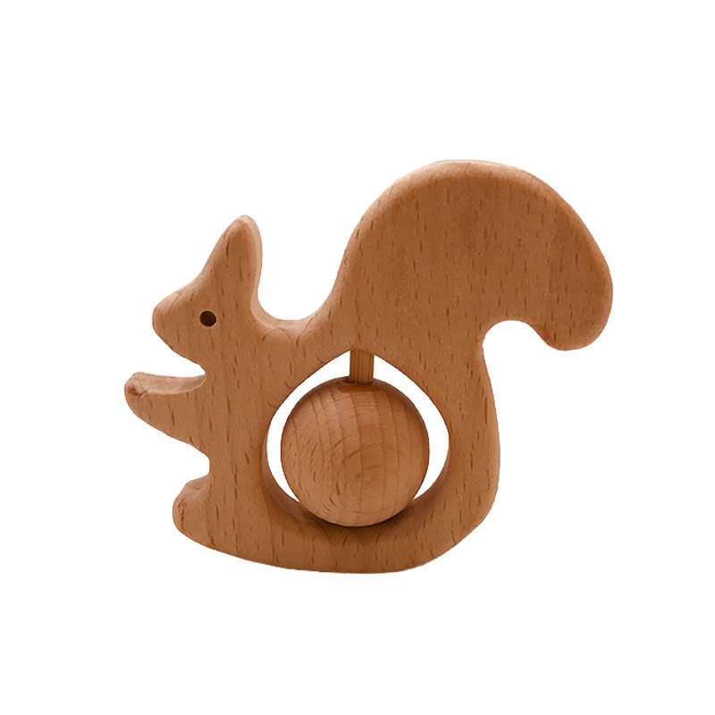 Custom Logo Wooden Rattle Beech Animal Teether Baby Teething Sensory Stroller Educational Toys