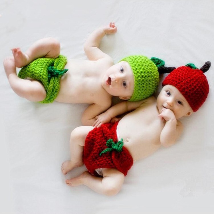 Hot Sale Newborn Photography Prop Clothing Set Baby Twins Photo Outfits Knitted Red Green Apple Photoshoot Costume